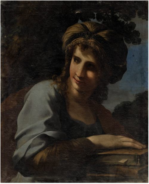 A SYBIL, BUST LENGTH, LOOKING LEFT AND RESTING HER HAND ON BOOKS, , Giovanni Francesco Romanelli