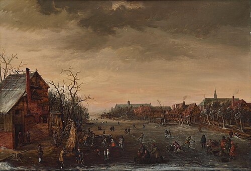 Skaters on a Dutch canal, 1642, Cornelis Liefrinck II