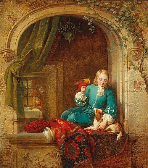 Ein Junge am Fenster mit Hündchen und Papagei, 1846, Alexis van Hamme