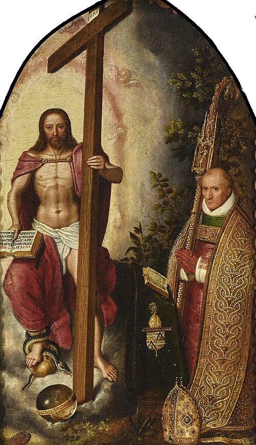 Portrait of the abbot Robert Holman, of abbey Onze-Lieve-Vrouw ter Duinen, kneeling before Christ, 1565, Gillis Claeissens