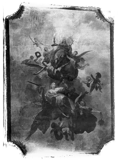 Zwevende putti en vrouwen met kerkelijke attributen, plafondschildering afkomstig uit Voetboogstraat, 1772, Johannes van Dreght