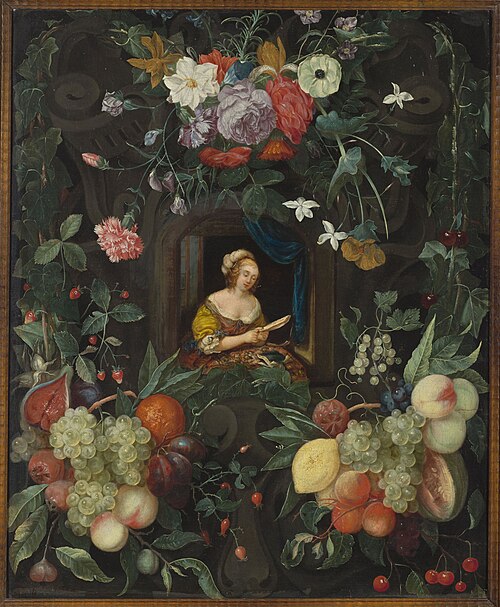 Portrait d'une dame entourée d'une guirlande., 1676, Cornelis van Huynen