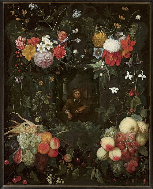 Portrait d'un peintre entourée d'une guirlande (détail)., 1676, Cornelis van Huynen