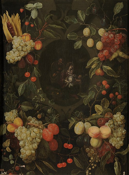 Guirnalda de frutas con la Sagrada Familia, 1601, Cornelis van Huynen