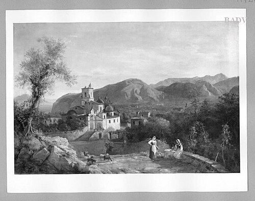 Italian landscape: monastery and two women, 1844, Eduard Agricola