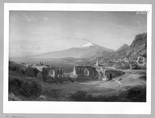 Theater-Ruine in Taormina mit Blick auf den Aethna, 1825, Eduard Agricola