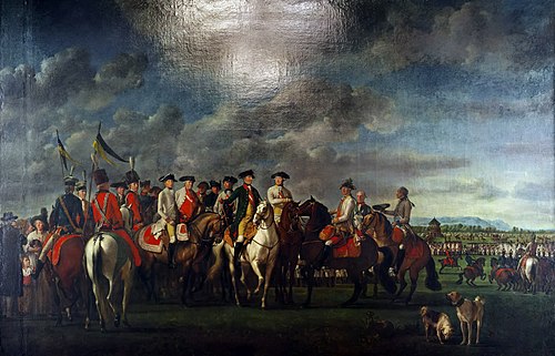 Kaiser Joseph II. mit Erzherzog Franz und der Generaliät im Lager bei Minkendorf (Münchendorf) südli, 1788, Martin Ferdinand Quadal