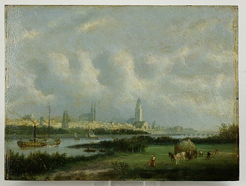 Rivierlandschapje met IJsselfront van Deventer met in de verte een naderende stoomboot, 1854, Carl Eduard Ahrendts