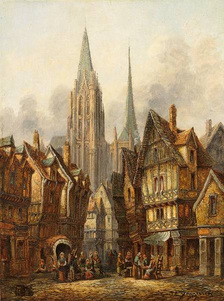 Cathédrale gothique dans une cité médiévale, 1850, Pieter Cornelis Dommersen