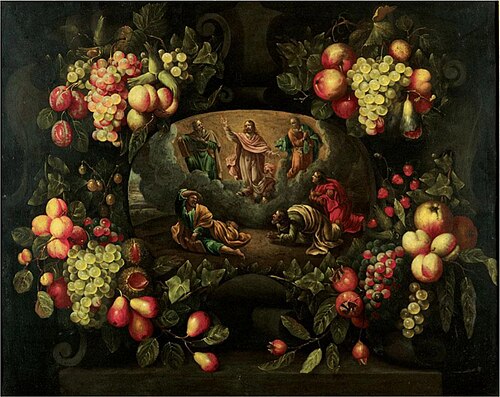 Still life of a garland of flowers adorning a stone cartouche containing the Transfiguration, 1663, Frans van Everbroeck