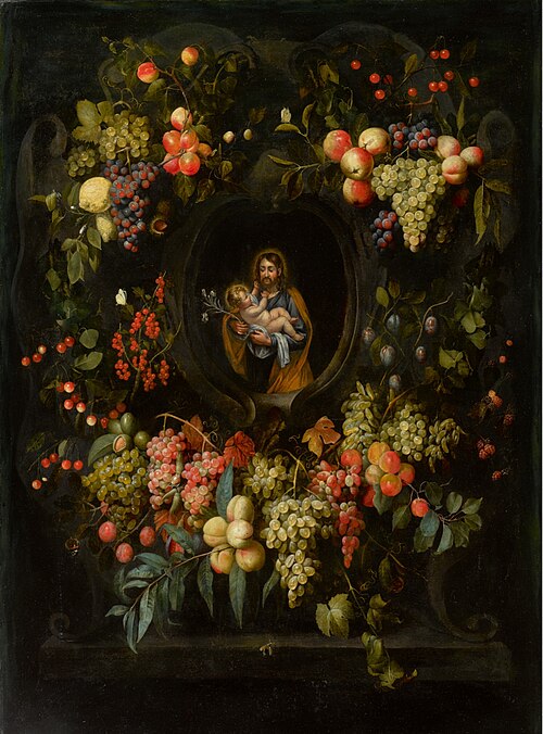 Garland of fruit surrounding a stone cartouche with St. Joseph holding the Christ child, 1676, Frans van Everbroeck