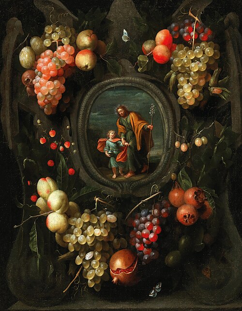 Garland of fruit surrounding a stone cartouche with St. Joseph holding the Christ child, 1676, Frans van Everbroeck