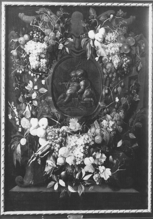 Vruchten rond cartouche met daarin een voorstelling van Christus en Johannes de Doper als kinderen, 1655, Frans van Everbroeck