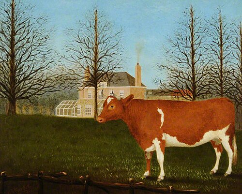 Guernsey Heifer behind Manoir de Pierre Percee, 1874, Denys Corbet