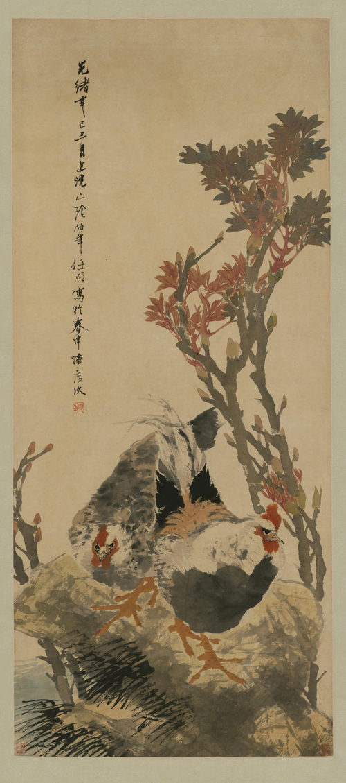 任颐牡丹双鸡图轴, , Ren Yi