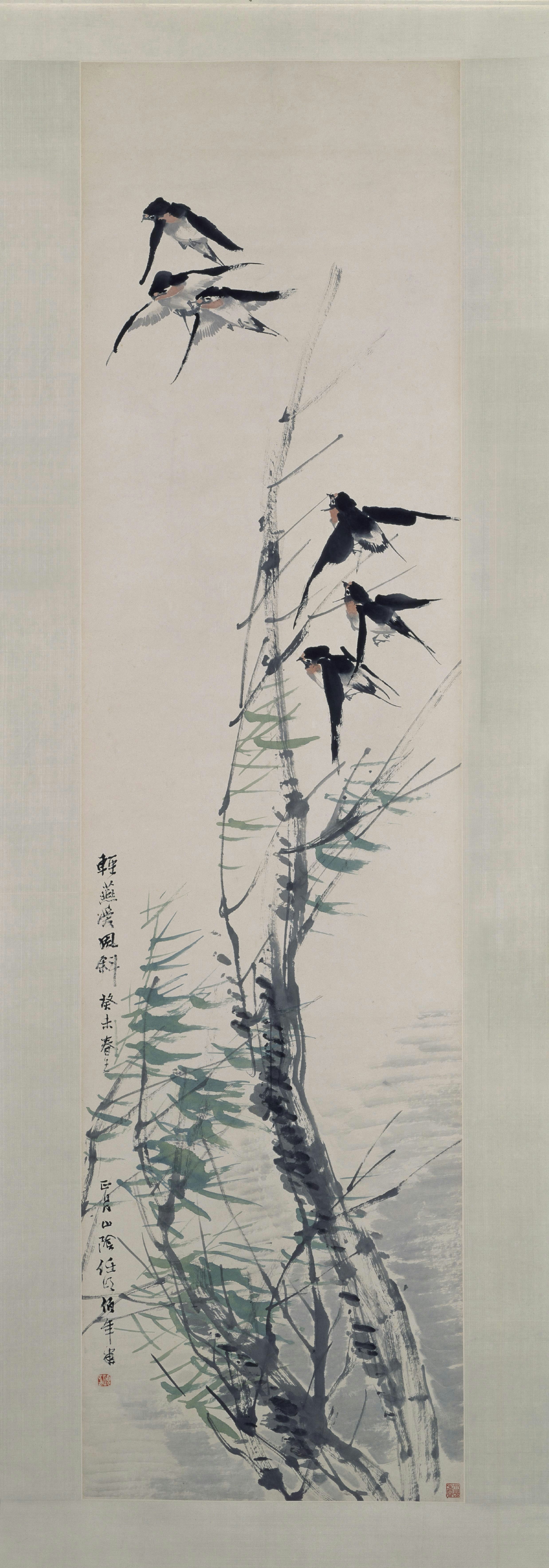 任颐花鸟图屏-风柳群燕图屏, , Ren Yi