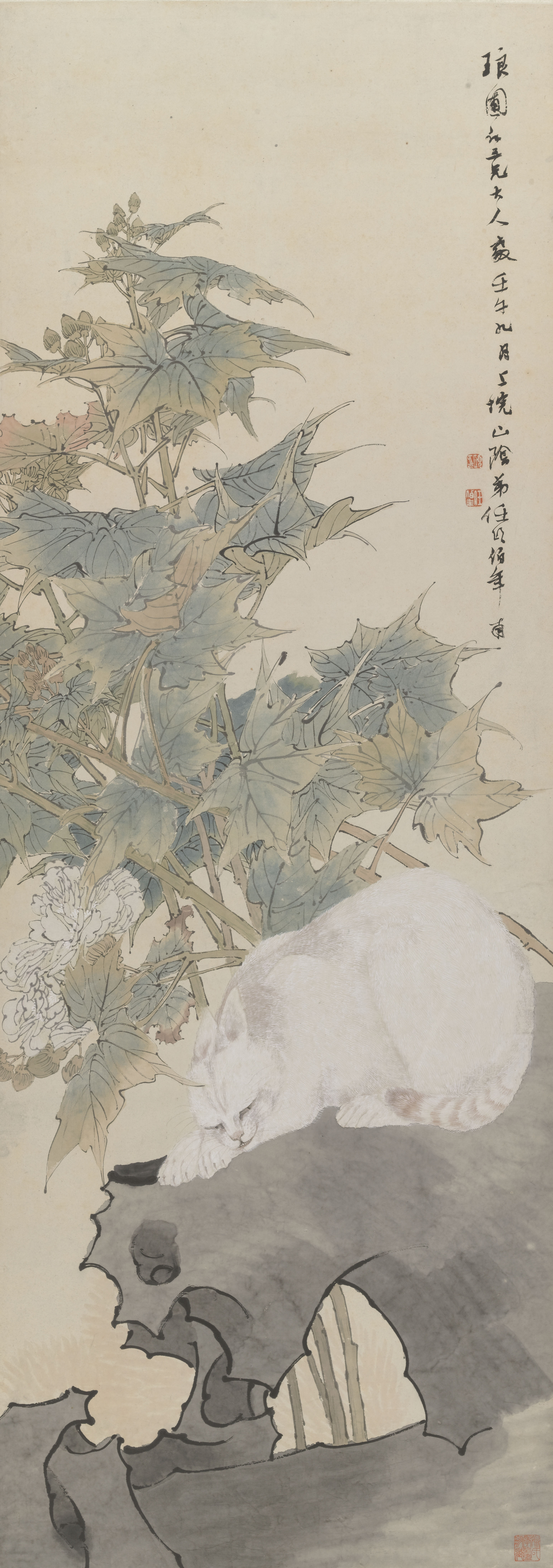清 任颐 芙蓉白猫图轴, 1882, Ren Yi
