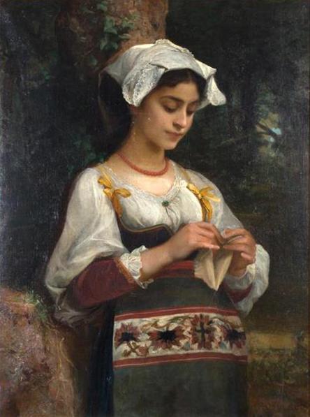 Young girl knitting in a wooded landscape, 1869, Diogene Ulyssee Napoleon Maill