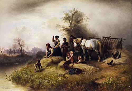 Bauernfamilie bei der Kornernte beobachtet einen Zug der Kavallerie., 1882, Wilhelm Alexander Meyerheim