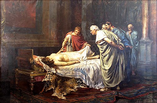 Nero before the corpse of his mother, Agrippina the Younger, 1887, Arturo Montero y Calvo