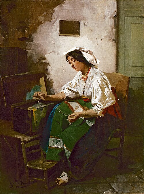 Girl sewing, 1860, Domenico Induno