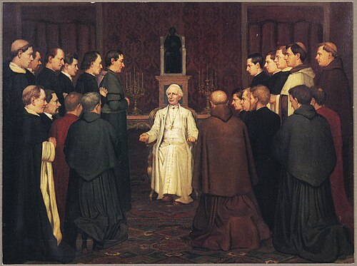Audience of mgr. Bottemanne, bishop of Haarlem and other Dutch priests with Pope Leo XIII in Rome on, 1885, Jan Dunselman