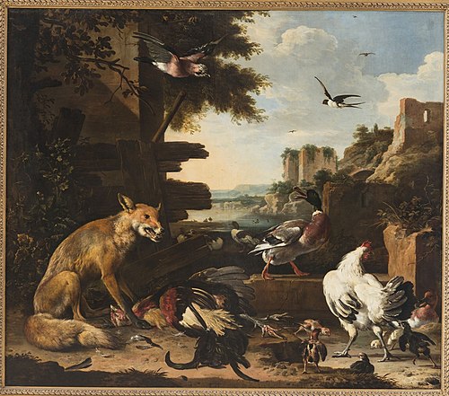 Vos met dode haan en pluimvee, 1678, Melchior de Hondecoeter