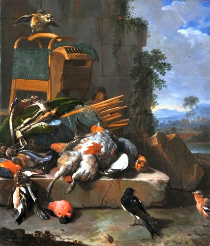Still-life with birds (Hunting gear)., 1670, Melchior de Hondecoeter