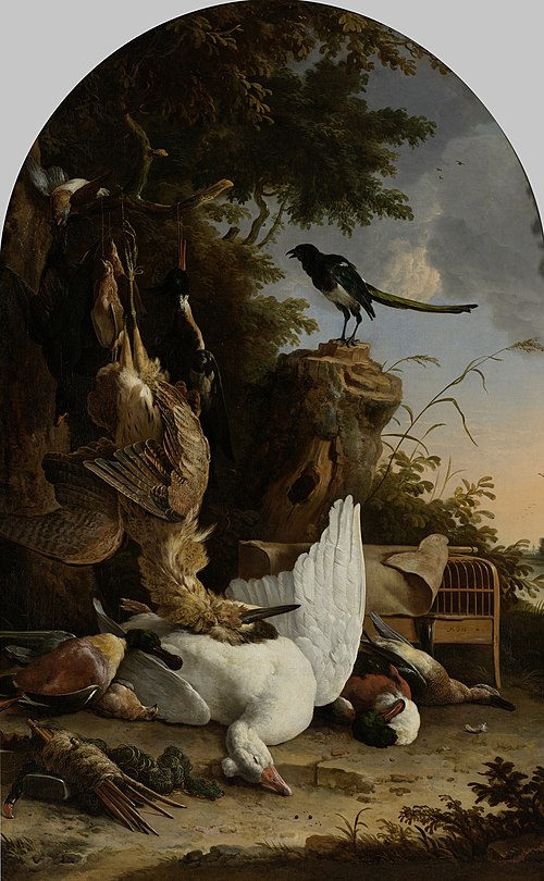 A Hunter’s Bag near a Tree Stump with a Magpie, Known as ‘The Contemplative Magpie’, 1678, Melchior de Hondecoeter