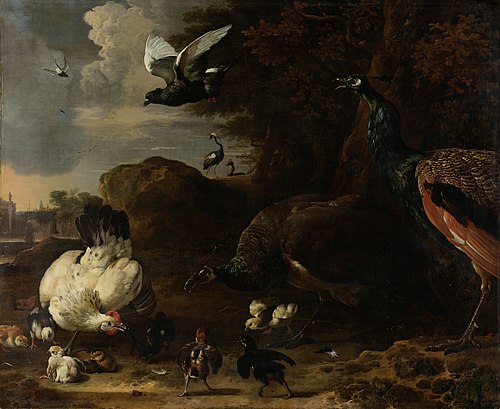 Two Peacocks Threatening a Hen with Chicks, Known as ‘The Threatened Hen’, 1681, Melchior de Hondecoeter