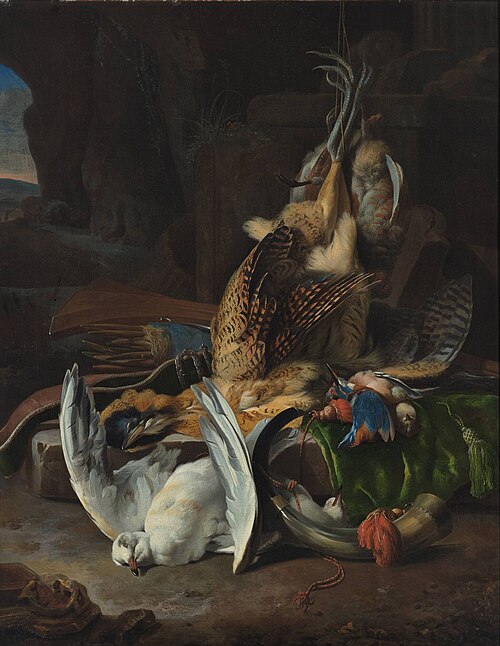 Dead birds and hunting appurtenances, 1665, Melchior de Hondecoeter