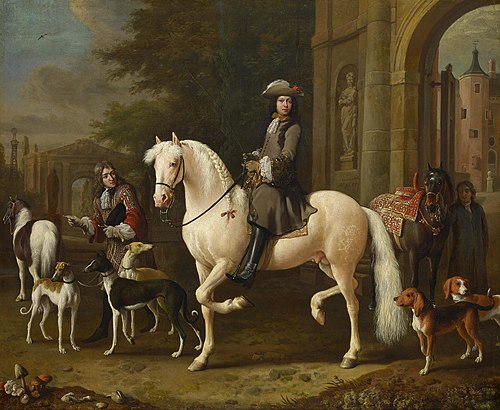 Johan Ortt (1642-1701) à cheval franchit la porte du château de Nijenrode, 1687, Melchior de Hondecoeter