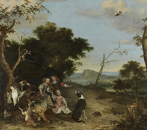 Bildnis von drei Kindern in einer Landschaft mit Jagdbeute, 1650, Melchior d'Hondecoeter