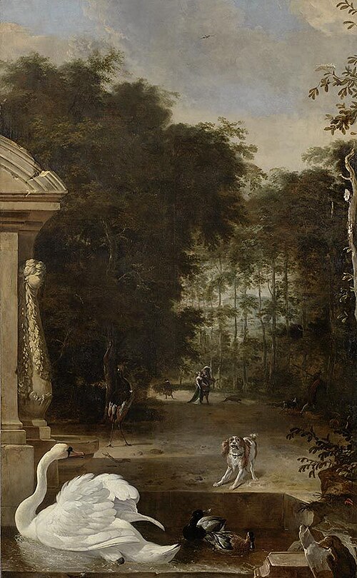 Vogelpark mit Schwan und Hund, 1675, Melchior d'Hondecoeter