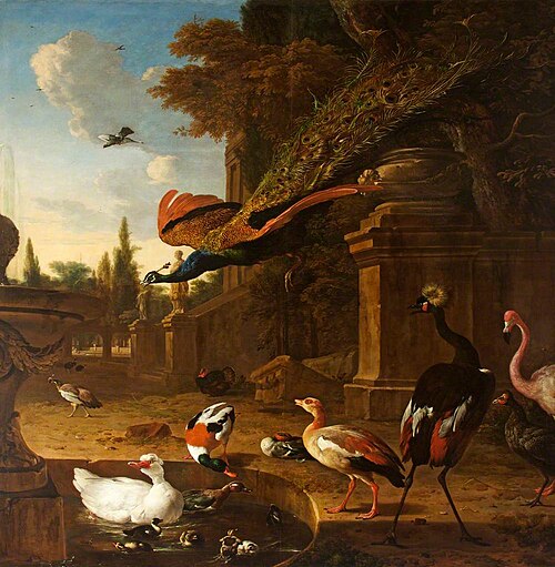 Ornamental Fowl in and beside a Pond in a Park, with a Peacock in Flight, 1679, Melchior d'Hondecoeter