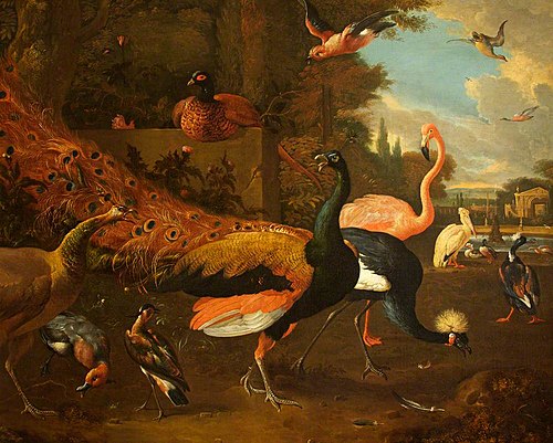A Peacock and Peahen with a Crane, Flamingo, Pelican, and other Fowl, in a Park, 1680, Melchior d'Hondecoeter