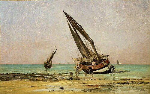 Beached fishing boats at low tide, Villerville, 1881, Edmond Yon
