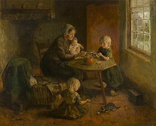 Boereninterieur met vrouw en drie kinderen, 1897, Jacobus Simon Hendrik Kever