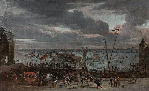 Figures in front of the frozen Scheldt in Antwerp, 1670, Erasmus de Bie