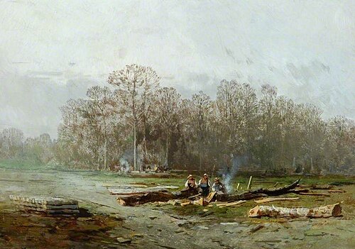 Misty Landscape with Woodcutters around a Fire, , Eugène Deshayes
