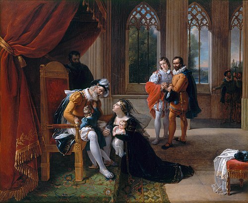 Inès de Castro se jetant avec ses enfants aux pieds d'Alphonse IV roi de Portugal, pour obtenir la g, 1822, Eugénie Servières