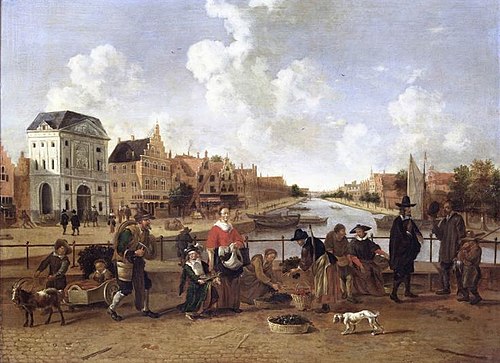 De groenmarkt op de stille Rijn in Leiden, 1660, Hendrick van der Burch