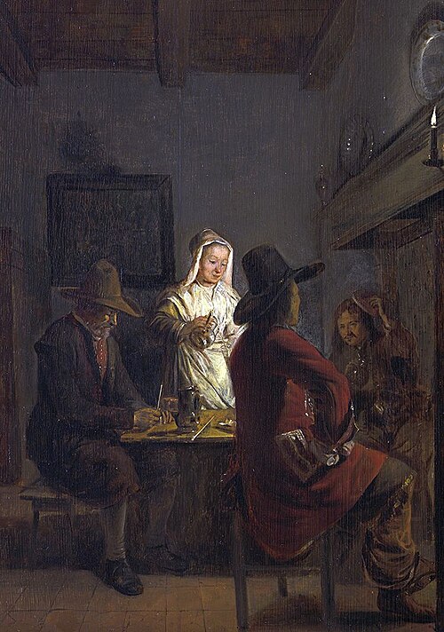 Interior with three men and a maidservant before a hearth, 1655, Hendrick van der Burch