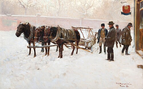Zaprzęg przed karczmą, 1908, Feliks Michał Wygrzywalski