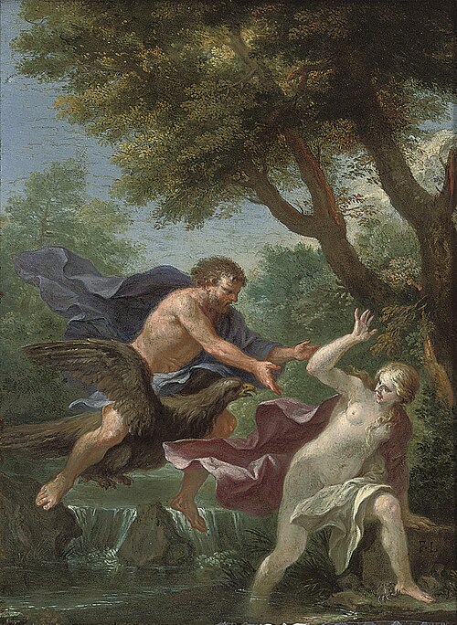A wooded river landscape with Jupiter chasing a river nymph, 1644, Filippo Lauri