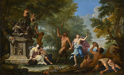 A Bacchanal, with offerings strewn around a statue of Pan, 1645, Filippo Lauri