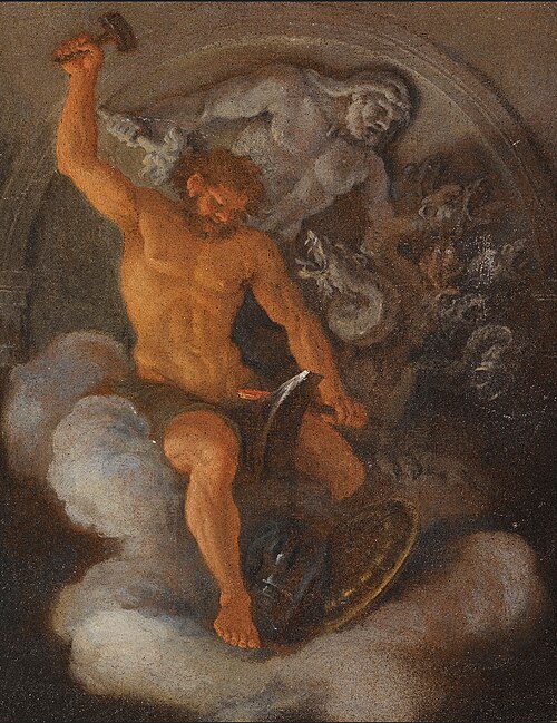 Vulcan at his forge, behind him a bas-relief of Hercules fighting the hydra, 1671, Filippo Lauri