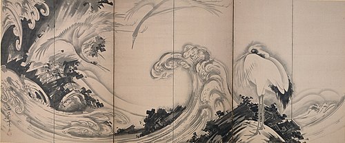 Cranes and Waves [left of a pair], , Soga Shōhaku