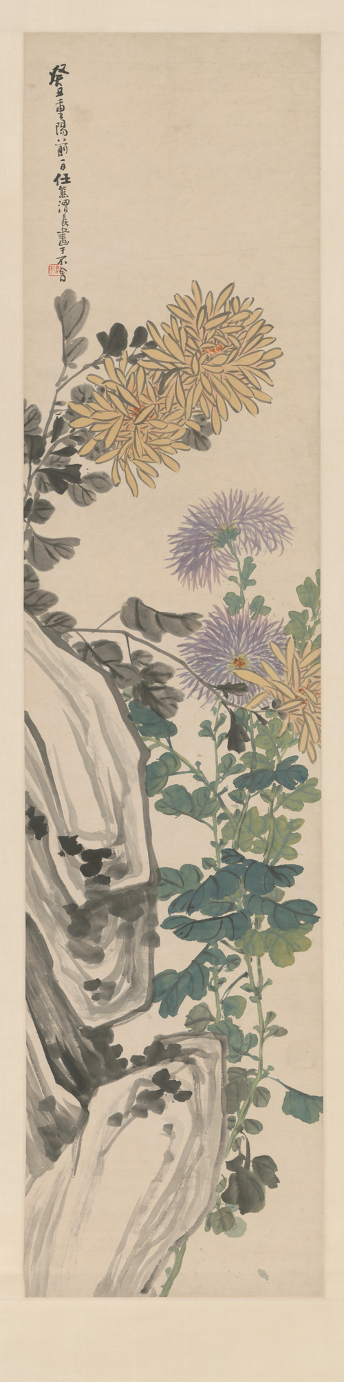 任熊花卉屏-菊石, , Ren Xiong