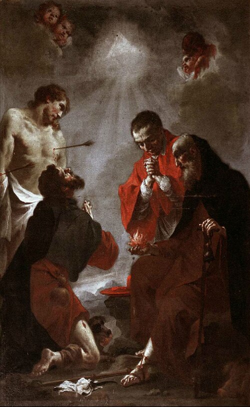 Santi Sebastiano, Rocco, Antonio abate e Carlo Borromeo, 1760, Francesco Capella